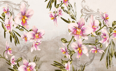 Vintage flowers, art drawn orchids on a textured background, photo wallpaper in pastel colors