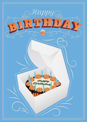 Happy Birthday greeting card with lettering. Cartoon, colorful birthday cake with candles in white gift packaging cake box on a blue background. Vector Illustration.