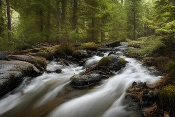 Fototapeta premium Photo of a pine tree flowing into a stream - generative ai