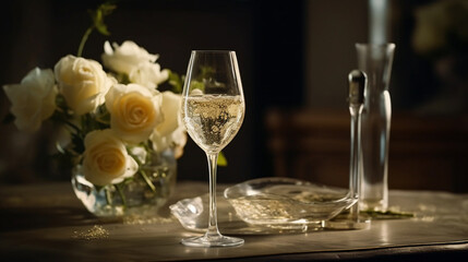 A lonely glass with sparkling champagne stands on a beautiful table adorned with a delicate bouquet of white roses. The glass, elegant and transparent, reflects light and creates a Generative AI