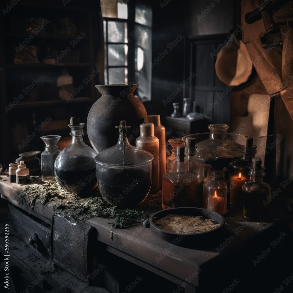 Poster a still life of a potion making laboratory at the dark academy. a table with a lot of bottles and ca