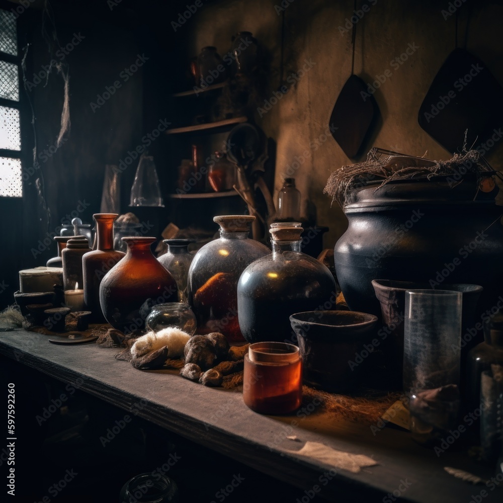 Poster a still life of a potion making laboratory at the dark academy. a table with a lot of bottles and ca