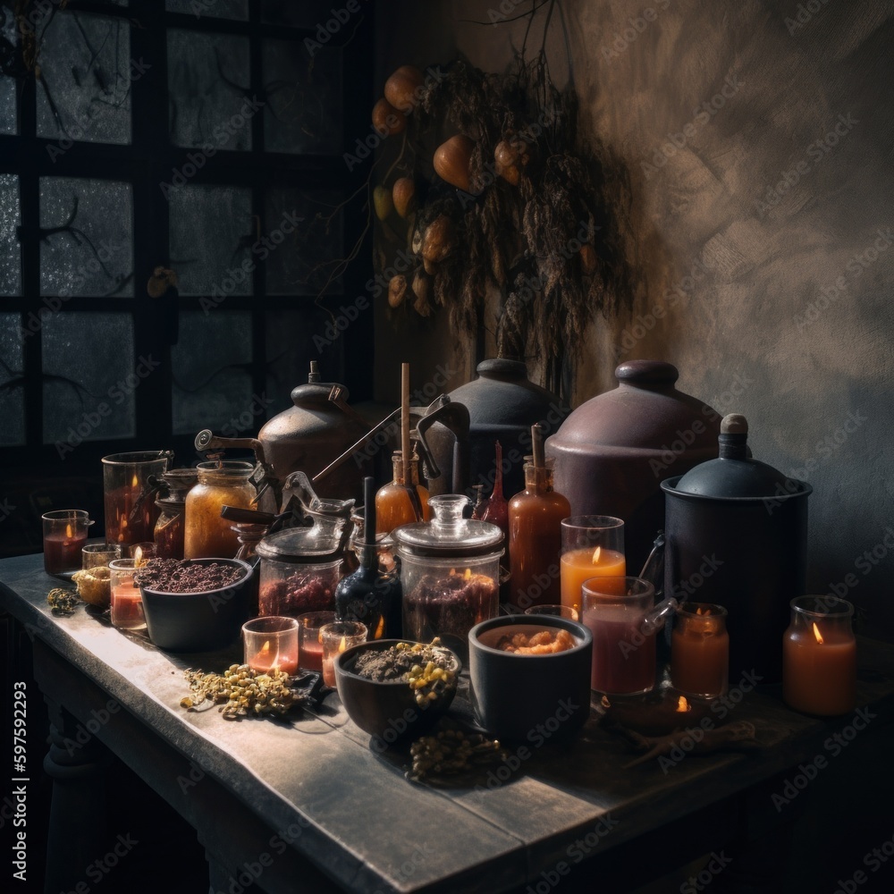 Poster a still life of a potion making laboratory at the dark academy. a table with a lot of bottles and ca