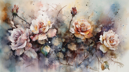 Painting, watercolor, roses, gold, silver, pastel shades, composition - these are the key words that describe this artwork. In this watercolor painting, delicate pastel shades and Generative AI