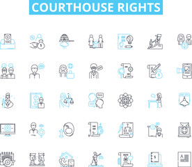 Courthouse rights linear icons set. Advocacy, Litigation, Due process, Civil rights, Jury, Defense, Evidence line vector and concept signs. Constitution,Appeal,Judicial outline illustrations