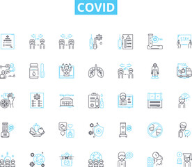 Covid linear icons set. Pandemic, Coronavirus, Lockdown, Quarantine, Social distance, Vaccination, Delta line vector and concept signs. Mask,Contagious,Isolation outline illustrations