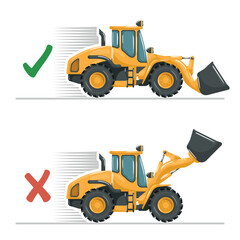 Do not drive with the front loader bucket raised or with a elevated load. Safety in handling a front loader. Security First. Accident prevention at work. Industrial Safety and Occupational Health