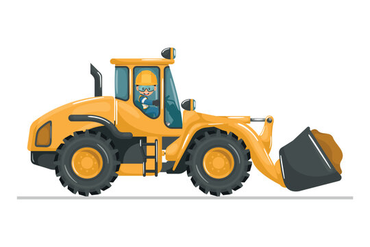 Industrial worker with his personal protection equipment driving a front loader. Safety in handling a front loader. Accident prevention at work. Industrial Safety and Occupational Health