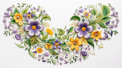 A beautiful floral ornament in the shape of a quarter month on a white background with yellow and lilac flowers and beautiful, juicy greenery for textiles is an image created using Generative AI
