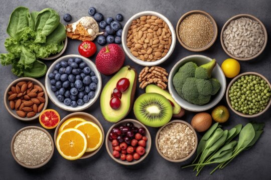 A colorful selection of healthy food for clean eating, including fruits, vegetables, seeds, superfoods, cereals, and leafy greens. Image Generated by Ai