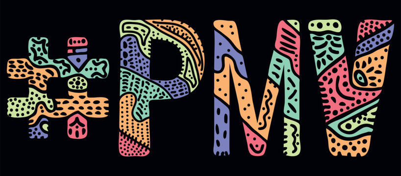 PMV Hashtag. Multicolored bright isolate curves doodle letters with ornament. Popular Hashtag #PMV for social network, web resources, Adult mobile apps.