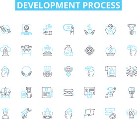 Development process linear icons set. Analysis, Planning, Design, Coding, Testing, Debugging, Integration line vector and concept signs. Deployment,Maintenance,Optimization outline illustrations