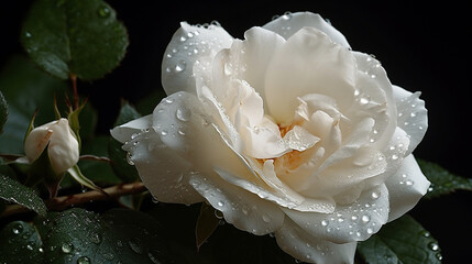 white roses, white silk, greenery, dew, pearly dewdrops, tenderness, sophistication, beauty, uniqueness. Generative AI