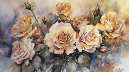 Obraz na płótnie Canvas Painting, watercolor, roses, gold, silver, pastel shades, composition - these are the key words that describe this artwork. In this watercolor painting, delicate pastel shades and Generative AI