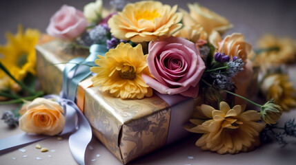 Compose a description of a beautifully decorated gift: a beautiful bouquet, a gift box, flowing silk, pastel shades of gold or silver, . 200 words. Leave only nouns and adjectives. Generative AI
