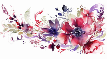 Floral ornament for textile: watercolor, red and light lilac flowers, lots of greenery, white background, modern, delicate, unique, crescent-shaped. Generative AI