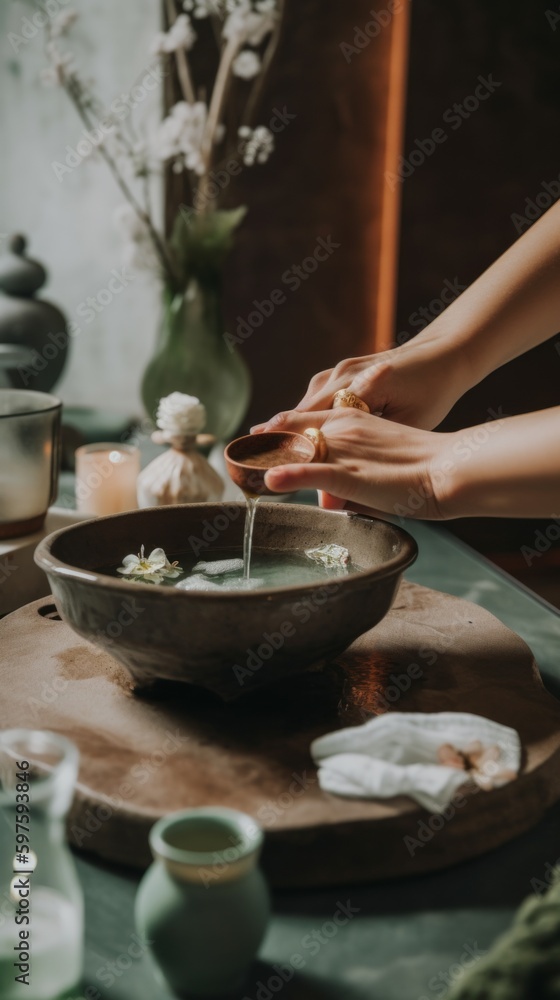 Poster serene spa setting, a person pouring something into a bowl on a table. ai generative image.