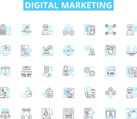 Digital marketing linear icons set. Analytics, Content, Strategy, SEO, PPC, Social, Branding line vector and concept signs. Targeting,Engagement,Lead-generation outline illustrations