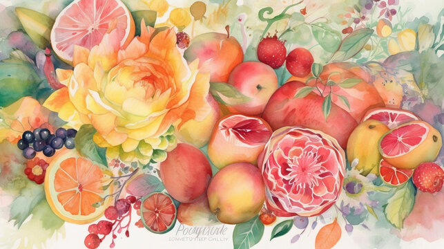 Generate a description of a beautiful painting of beautiful roses, exotic fruits (pineapple in the center), and silk beautifully flowing in bright tones, with watercolor blurriness Generative AI