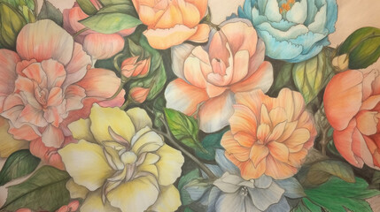 Generate a description of a beautiful realistic painting of beautiful flowers, exotic fruits, and silk in soft pastel tones, using 200 words. Please only leave nouns and adjectives Generative AI