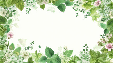 Generate a description of a floral frame around a rectangle made of young green mint leaves on a white background in 200 words. Leave only nouns and adjectives. Separate words with Generative AI