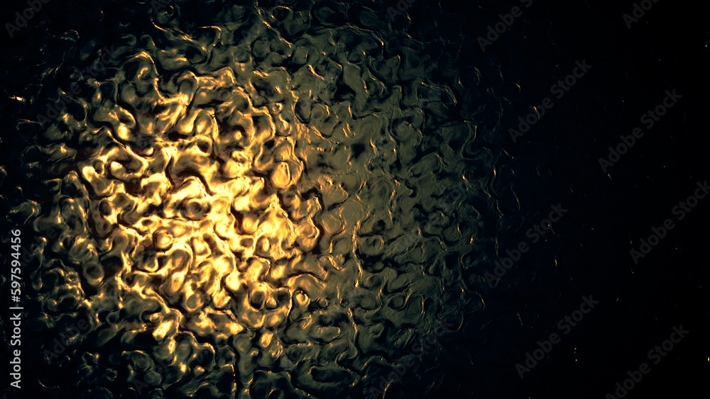 Poster goldish surface in darkness, strange shapes surface - abstract 3d rendering