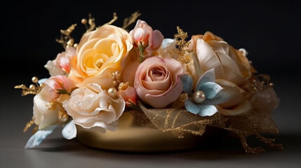 A beautiful rose ikebana in gold, a scattering of pearls, luxury and simplicity, silk pastel shades - these are the key words that describe this composition. In this ikebana, delic Generative AI