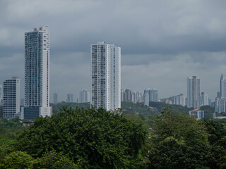 Fototapeta na wymiar High-rise buildings of modern part of Panama City peek above lush green treetops