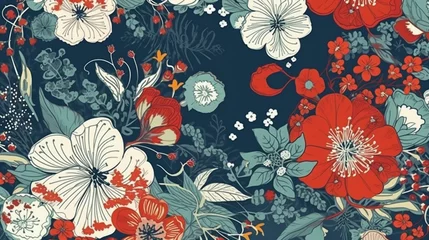 Rucksack Floral ornament for textile: red and white flowers, lots of greenery, blue background, modern, delicate, unique, crescent-shaped. Generative AI © Дмитрий Лазебный
