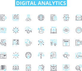 Digital analytics linear icons set. Metrics, Insights, Attribution, Conversion, Big data, KPI, Segmentation line vector and concept signs. Funnel,Engagement,Campaigns outline illustrations