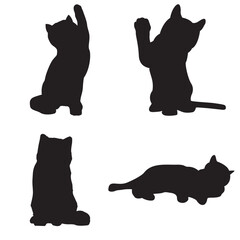 vector isolated silhouette cat set, different poses, sitting, standing, a cat with one paw raised, laying 