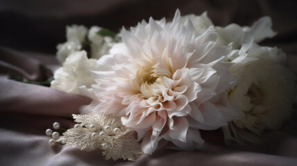 composition, white silk chrysanthemums, pearl, delicate, pastel, shades, beauty, simplicity, luxury, sophistication. Generative AI