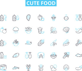 Cute food linear icons set. Adorable, Sweet, Whimsical, Fun, Charming, Playful, Yummy line vector and concept signs. Delightful,Colorful,Irresistible outline illustrations