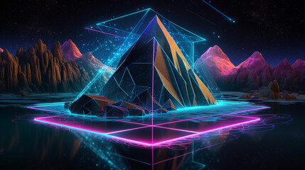 This design features 3D visualization, an abstract neon background with a geometric diamond shape, a square frame, and an impressive extraterrestrial landscape under a starry night Generative AI