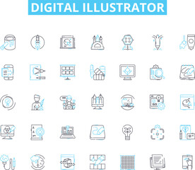 Digital illustrator linear icons set. Vector, Sketch, Layers, Composition, Outline, Illustration, Design line vector and concept signs. Style,Ink,Brush outline illustrations