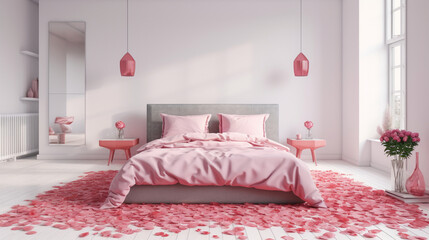Generate a description of a beautiful modern bedroom in pink color sprinkled with red rose petals in 200 words. Leave only nouns and adjectives. Separate the words with commas. Generative AI
