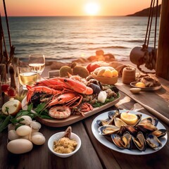Italian seafood dish composition on a table facing the sea.
Generative AI. - obrazy, fototapety, plakaty