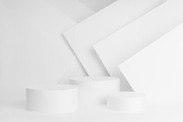 Elegant fashion abstract white stage - three cylinder podiums mockup for presentations of cosmetic products, goods, design, sale with background in geometric style - light lines, corners, copy space.