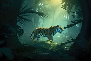 Fototapeta na wymiar 3D cartoon fierce tiger prowling through a misty jungle at night with moonlight shining through the trees. Generative AI