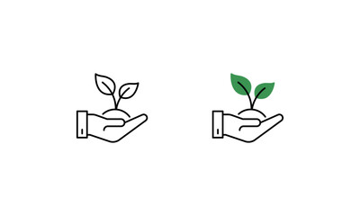 Hand Holding Plant Icon with thin line black and black-green color, ecology.