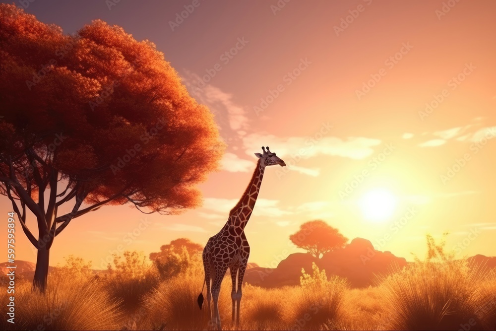 Poster 3D cartoon graceful giraffe peacefully grazing on the savanna under a golden sunrise. Generative AI