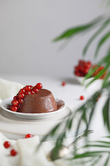 chocolate Panna Cotta dessert decorated with red currants on white background