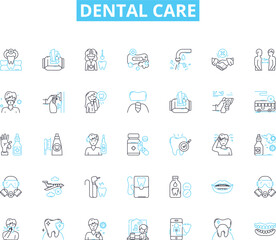 Dental care linear icons set. Oral health, Toothbrush, Flossing, Dentist, Hygiene, Braces, Whitening line vector and concept signs. Mouthwash,Extraction,Implants outline illustrations