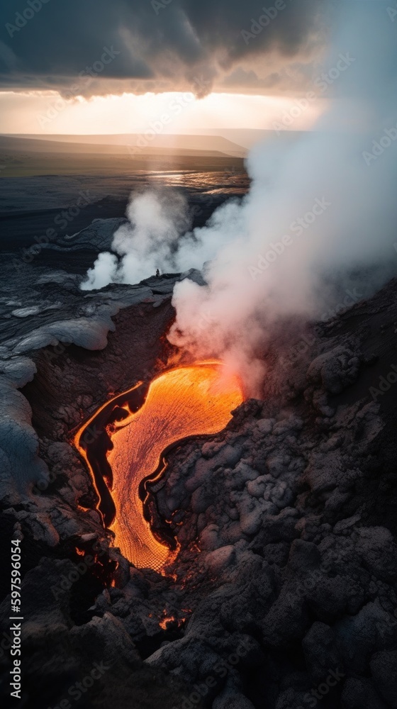 Poster a view of a lava flow in the ocean. ai generative image.