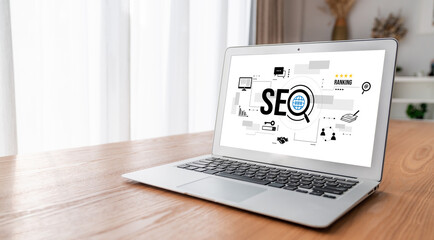 SEO search engine optimization for modish e-commerce and online retail business showing on computer...