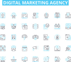 Digital marketing agency linear icons set. Strategy, Analytics, SEO, PPC, Social, Branding, Content line vector and concept signs. Email,Mobile,Design outline illustrations
