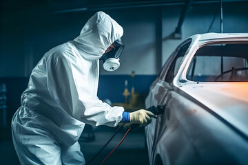 A person in a protective suit is painting a car with a spray gun. generative ai 