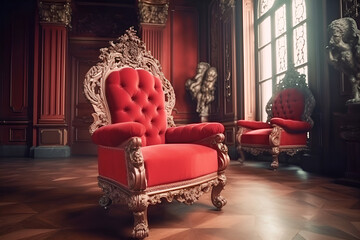 A red luxury chair in a kingdom with a large window behind it generative ai