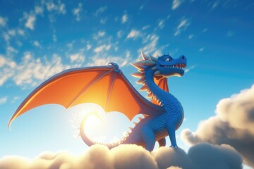 3D cartoon magnificent dragon soaring through the clouds in a bright blue sky with the sun shining down. Generative AI