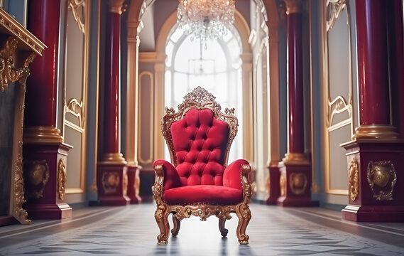 A red luxury chair in a kingdom with a large window behind it generative ai